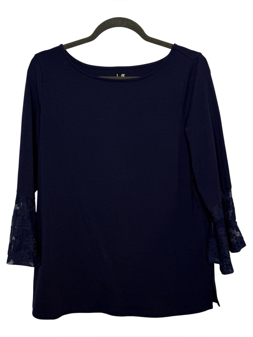 Belle by Kim Gravel Navy Blue Lace Bell-Sleeve Top | EUC